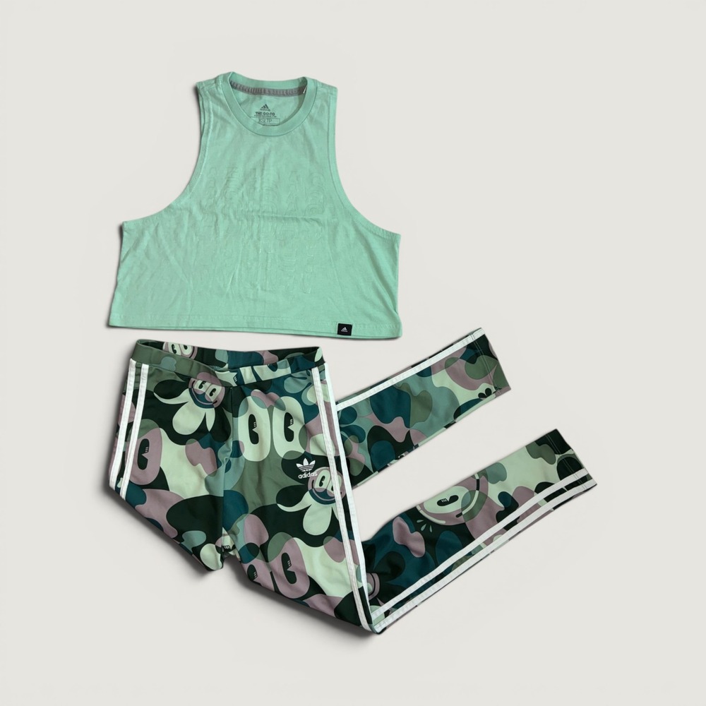 Adidas bundle Activewear Set Womens XS Green Floral Camo Tank Top Leggings